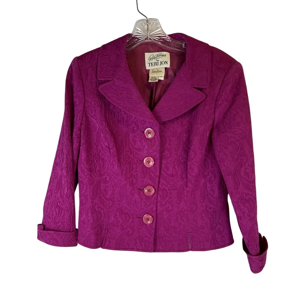 Vintage Teri Jon Magenta Pink Silk Blazer Cropped Jacket Textured‎ Size 6